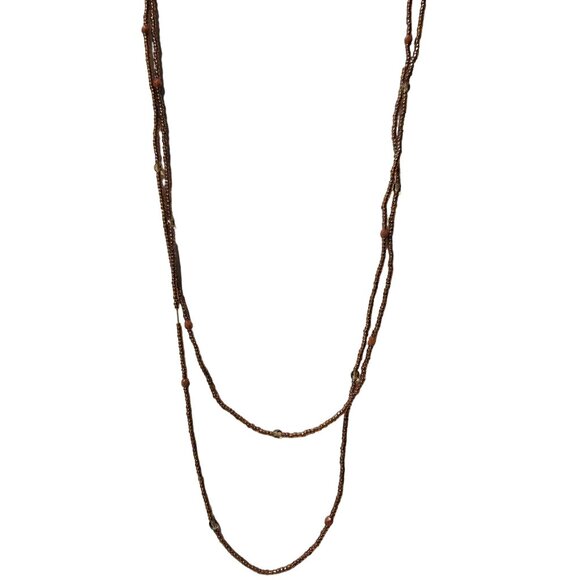 Handcrafted Boho Beaded Necklace Brown Gold Beads Minimalist Fashion Jewelry - Picture 2 of 5